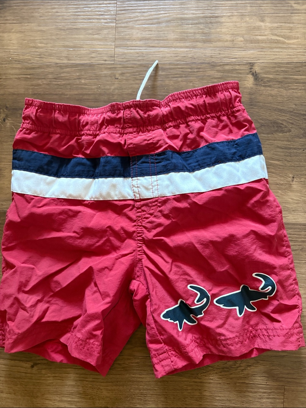 Red Kids Swim Shorts with Navy & White Stripe